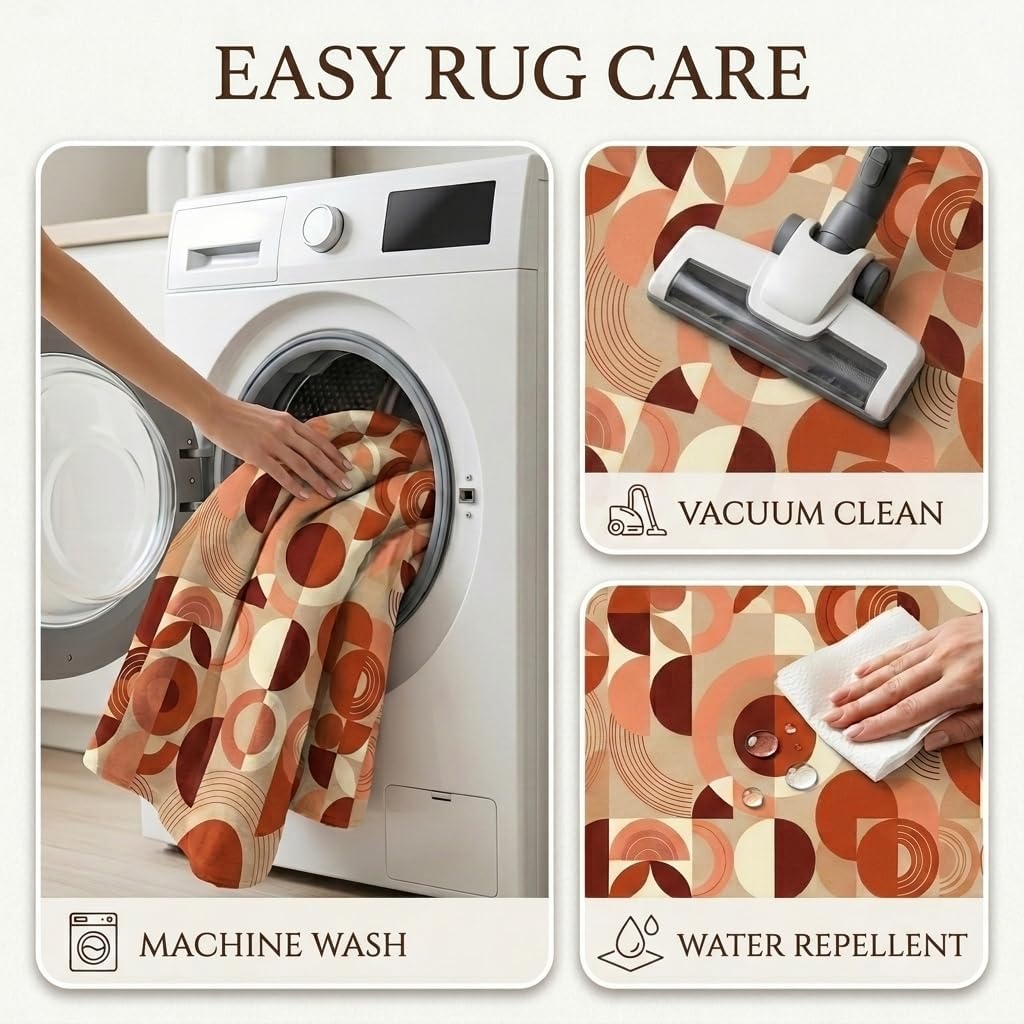 Washable Terracotta Geometric Area Rug