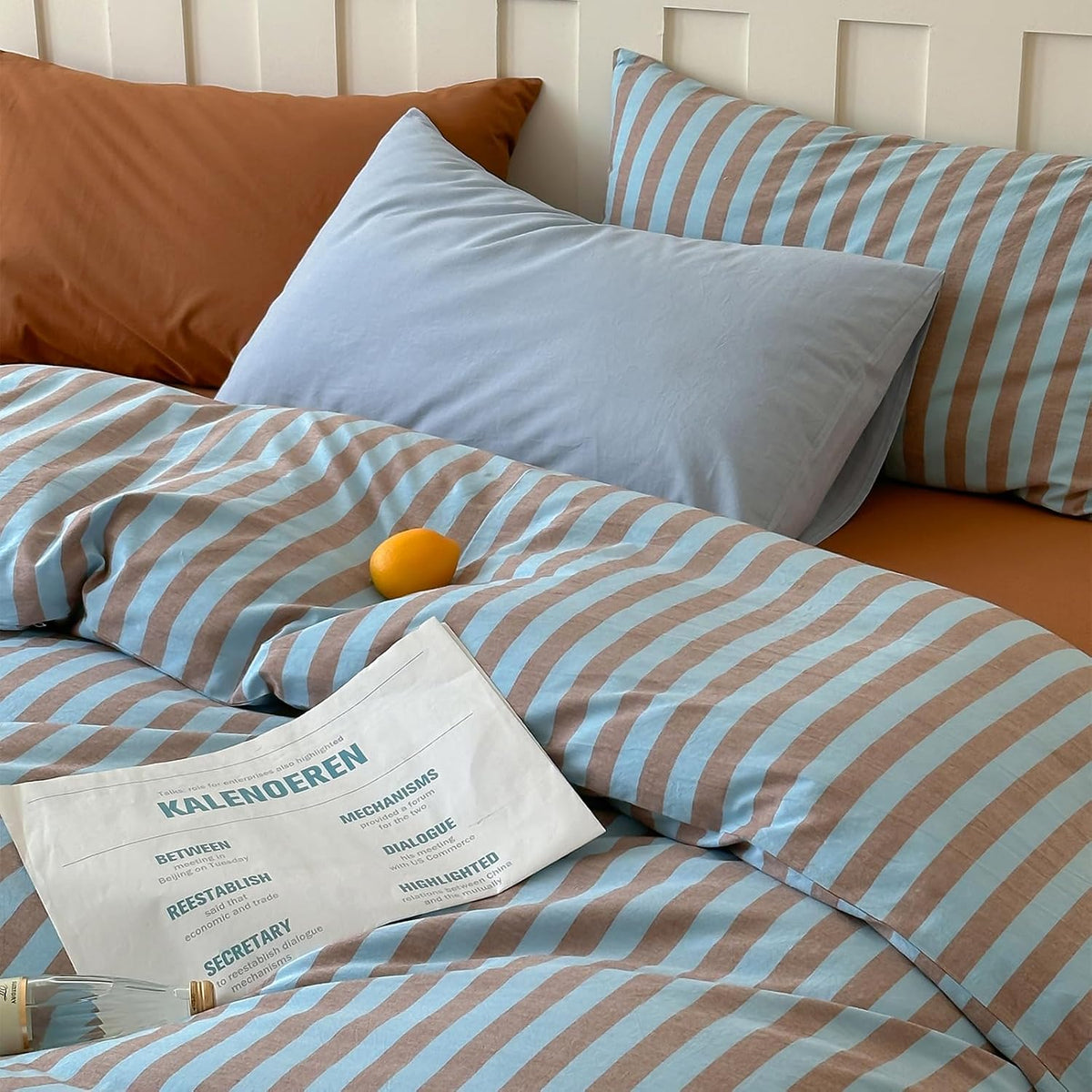 Blue Brown Striped Washed Cotton Duvet Cover Set