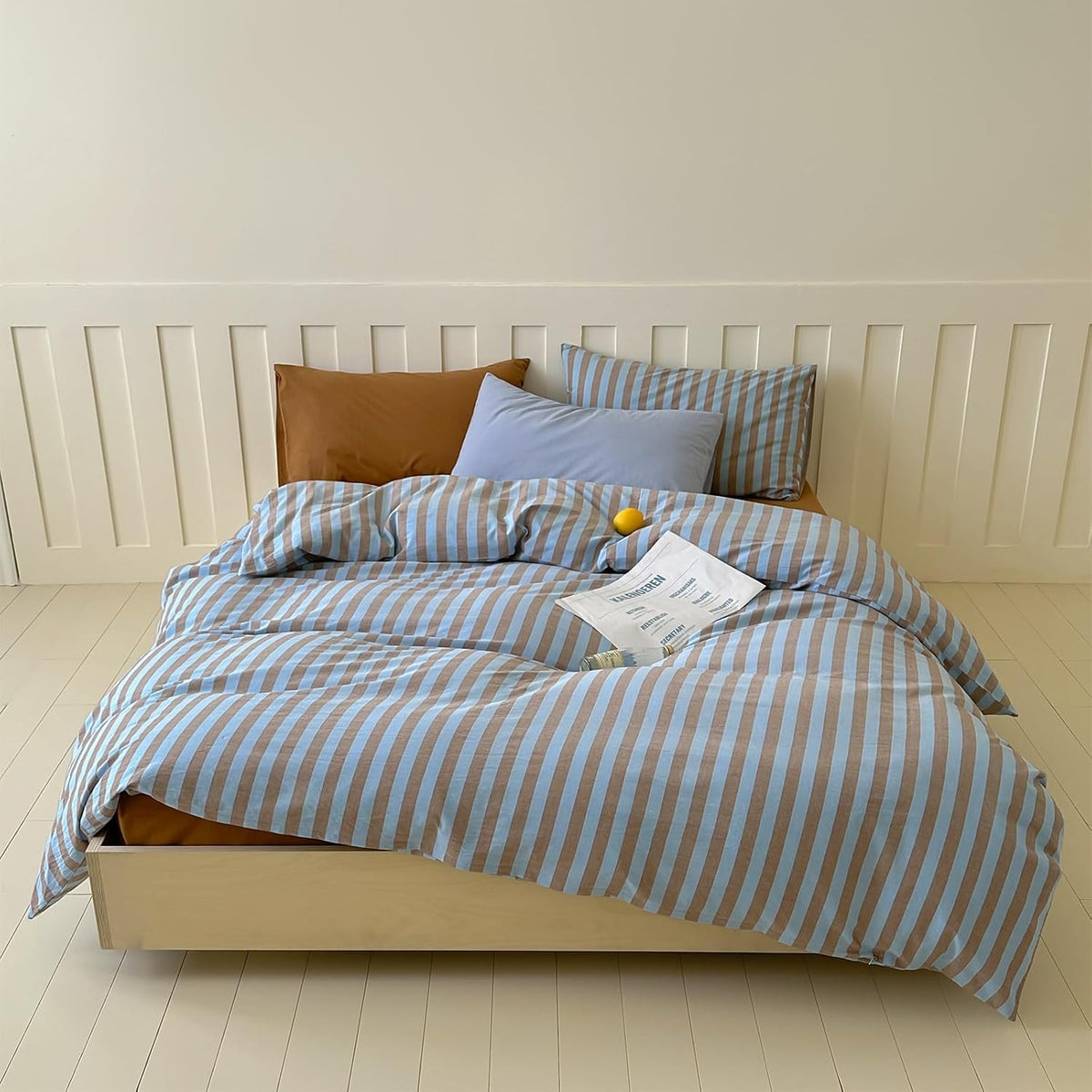Blue Brown Striped Washed Cotton Duvet Cover Set