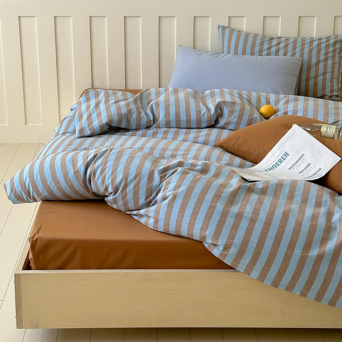 Blue Brown Striped Washed Cotton Duvet Cover Set