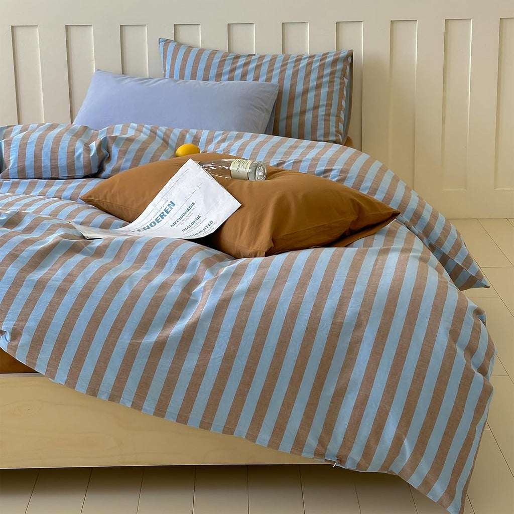 Blue Brown Striped Washed Cotton Duvet Cover Set
