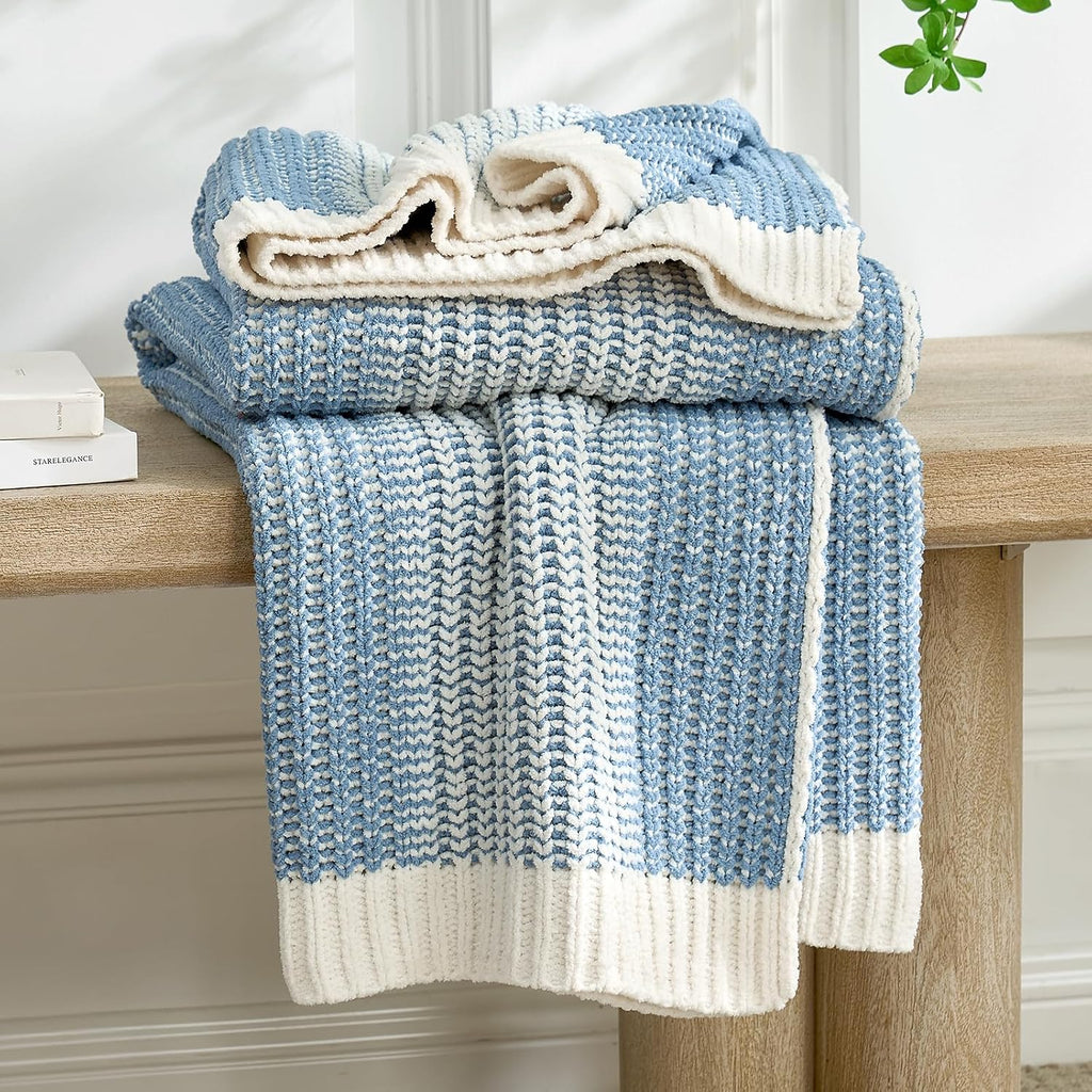 Blue Ivory Knit Throw Blanket