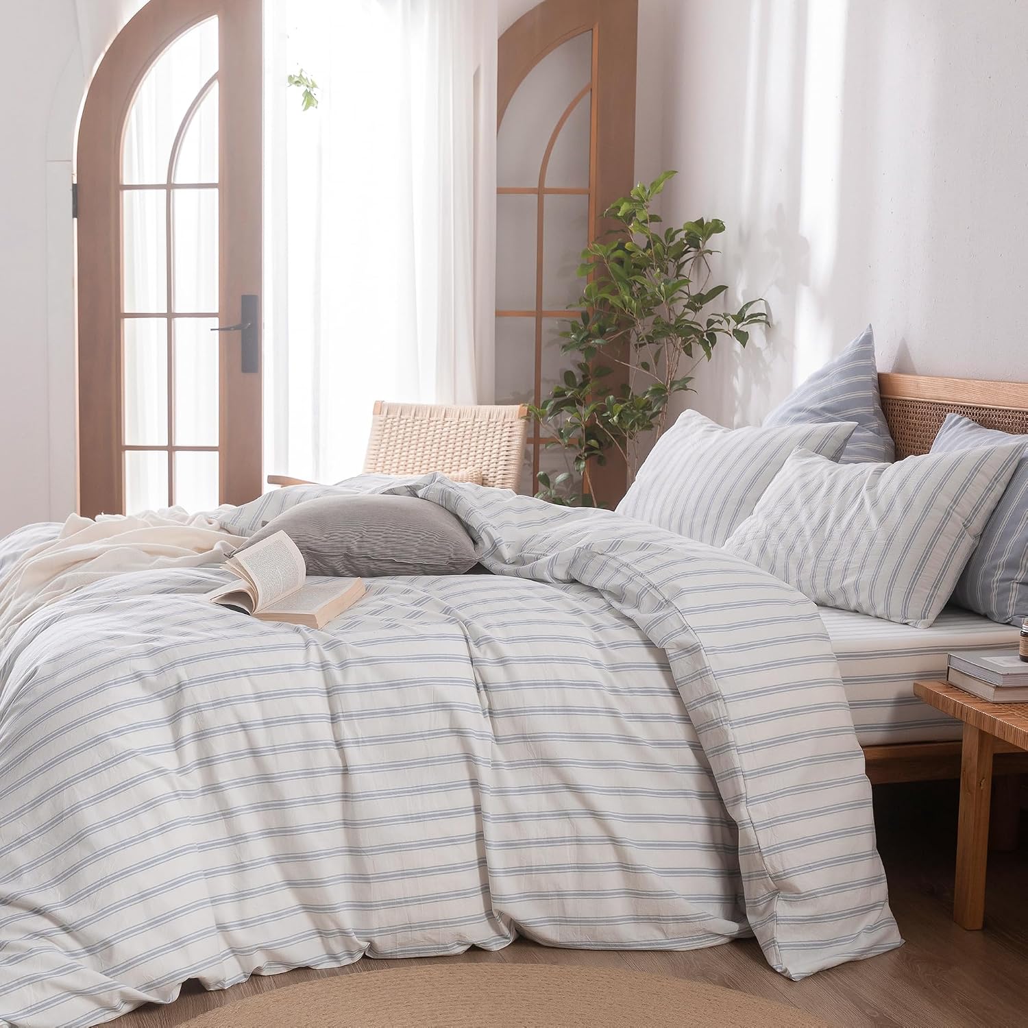 Grey Striped Cotton Duvet Cover Set