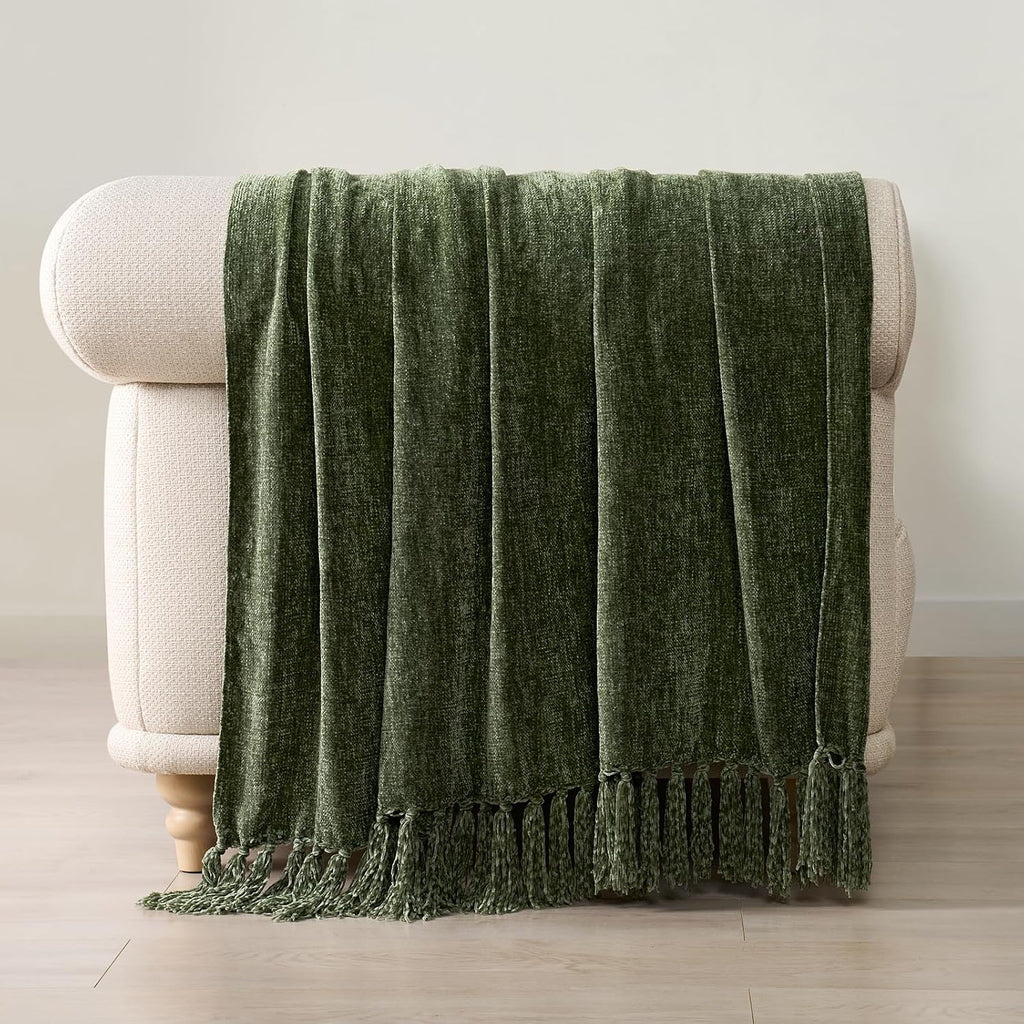 Olive Green Knit Tassel Throw Blanket