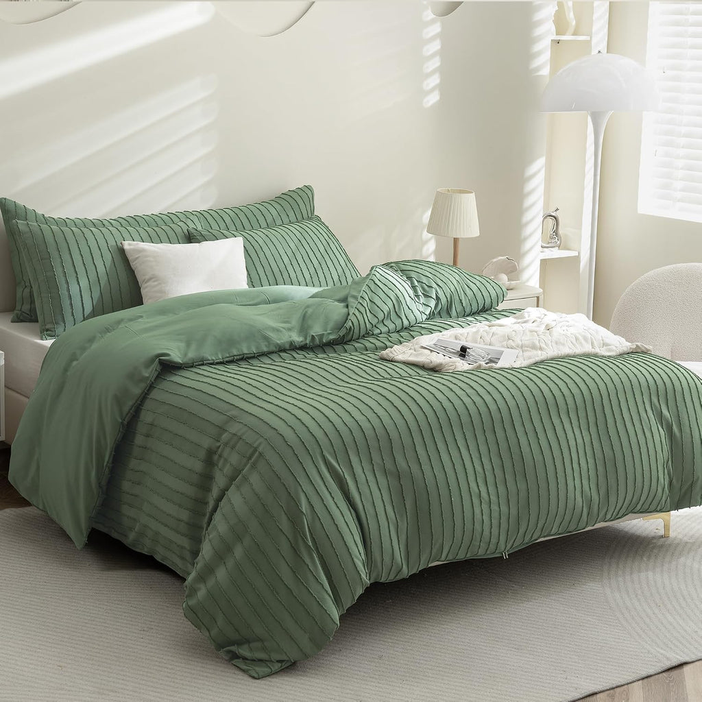 Green Striped Tufted Duvet Cover Set