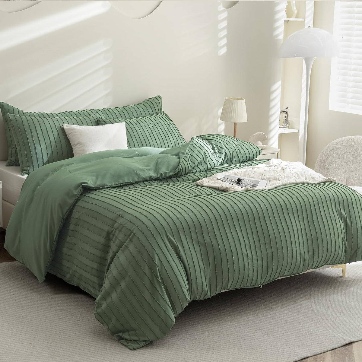 Green Striped Tufted Duvet Cover Set