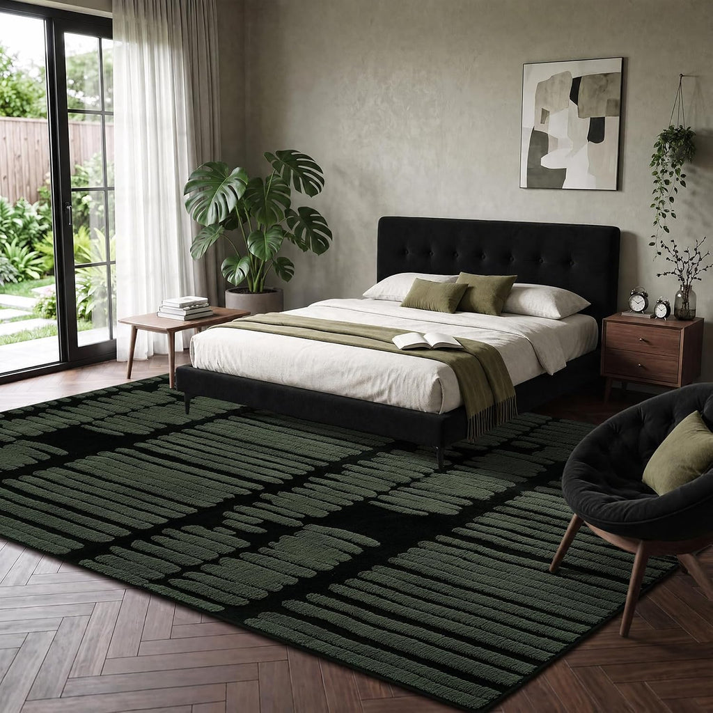 Washable Olive Green Abstract Rug