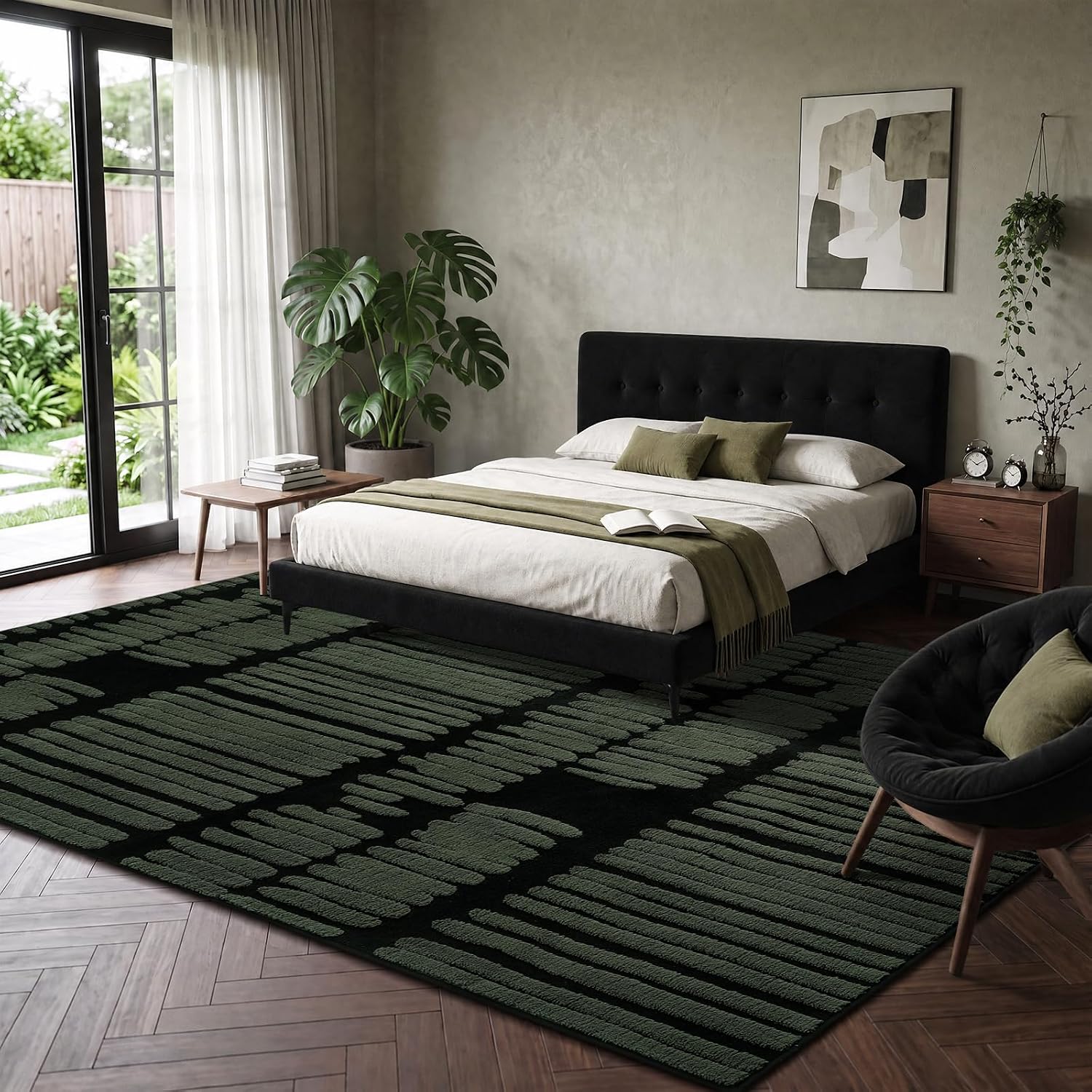 Washable Olive Green Abstract Rug