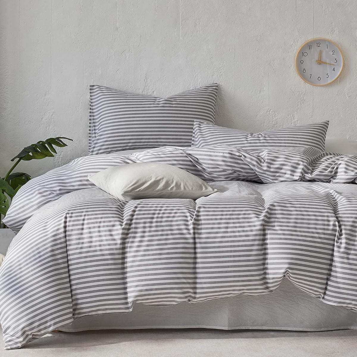 Grey Striped Cotton Duvet Cover Set