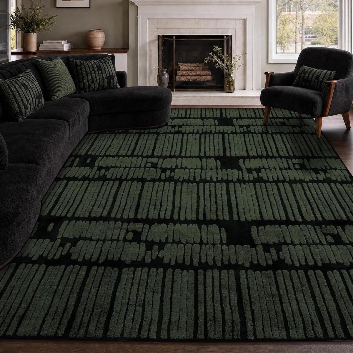 Washable Olive Green Abstract Rug
