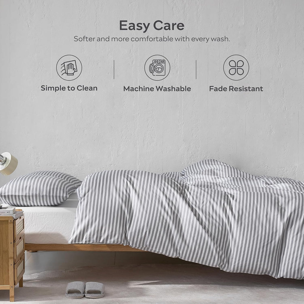 Grey Striped Cotton Duvet Cover Set