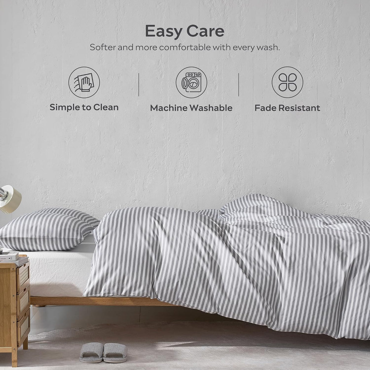 Grey Striped Cotton Duvet Cover Set