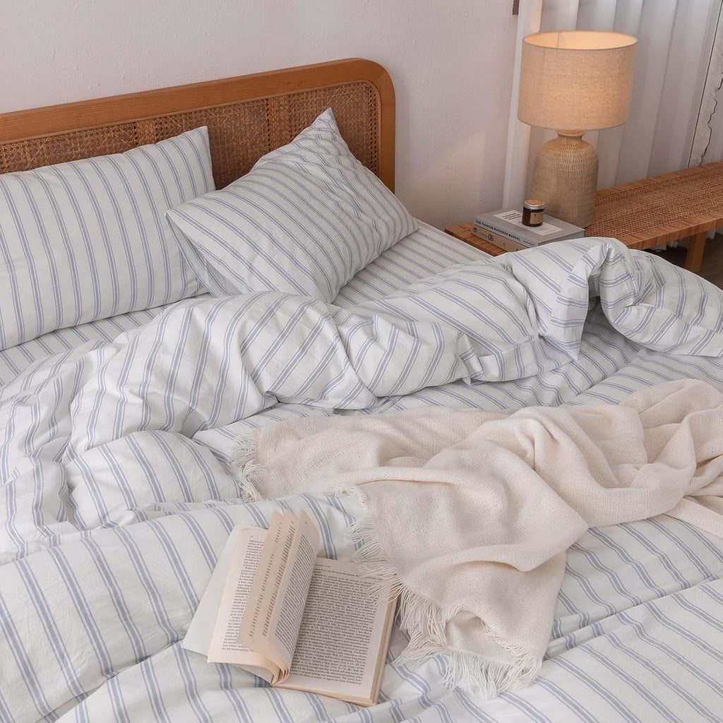 Grey Striped Cotton Duvet Cover Set