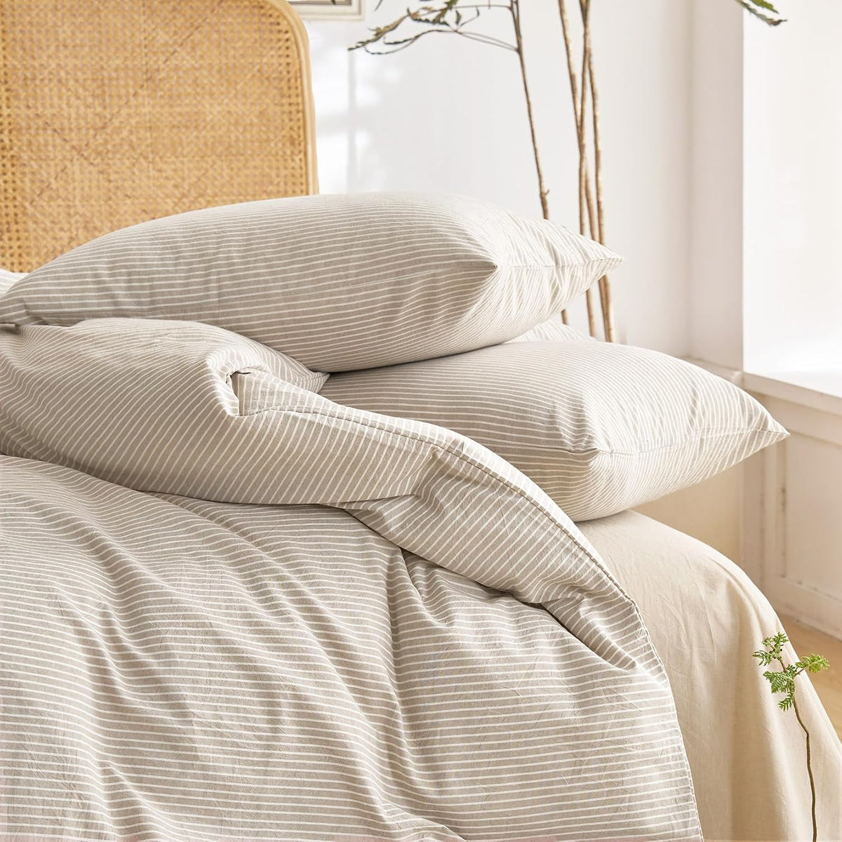 Tan Striped Washed Cotton Duvet Cover Set