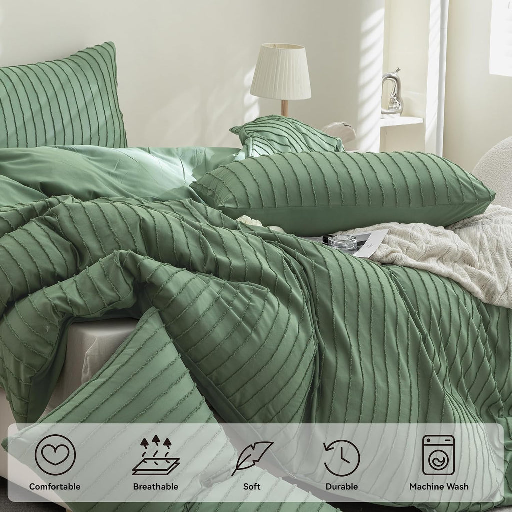 Green Striped Tufted Duvet Cover Set