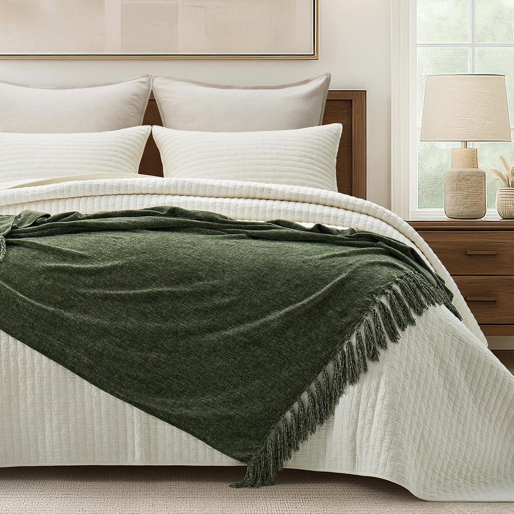 Olive Green Knit Tassel Throw Blanket