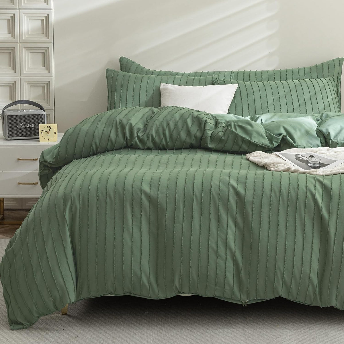 Green Striped Tufted Duvet Cover Set