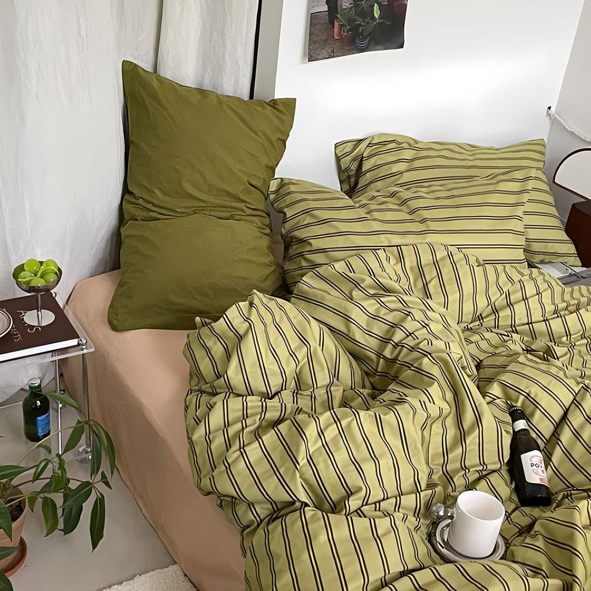 Olive Taupe Striped Duvet Cover Set