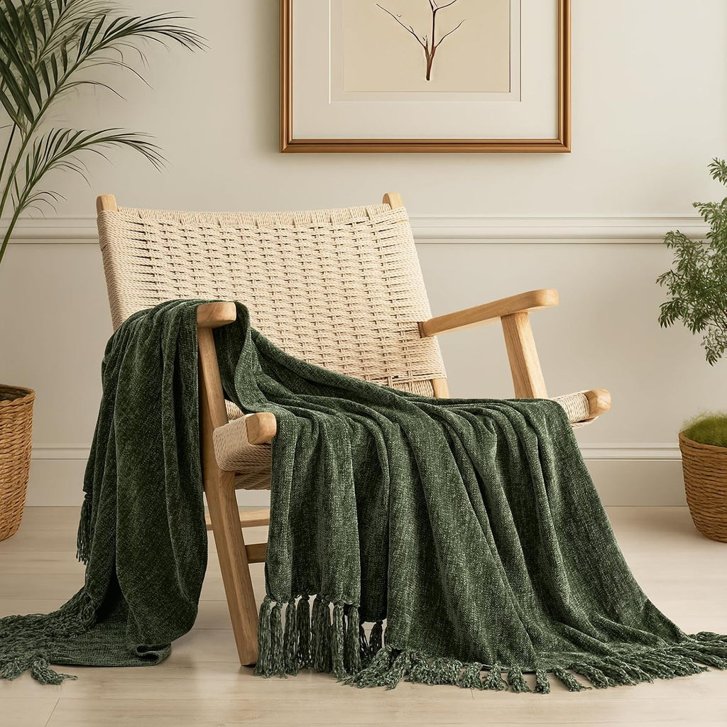 Olive Green Knit Tassel Throw Blanket