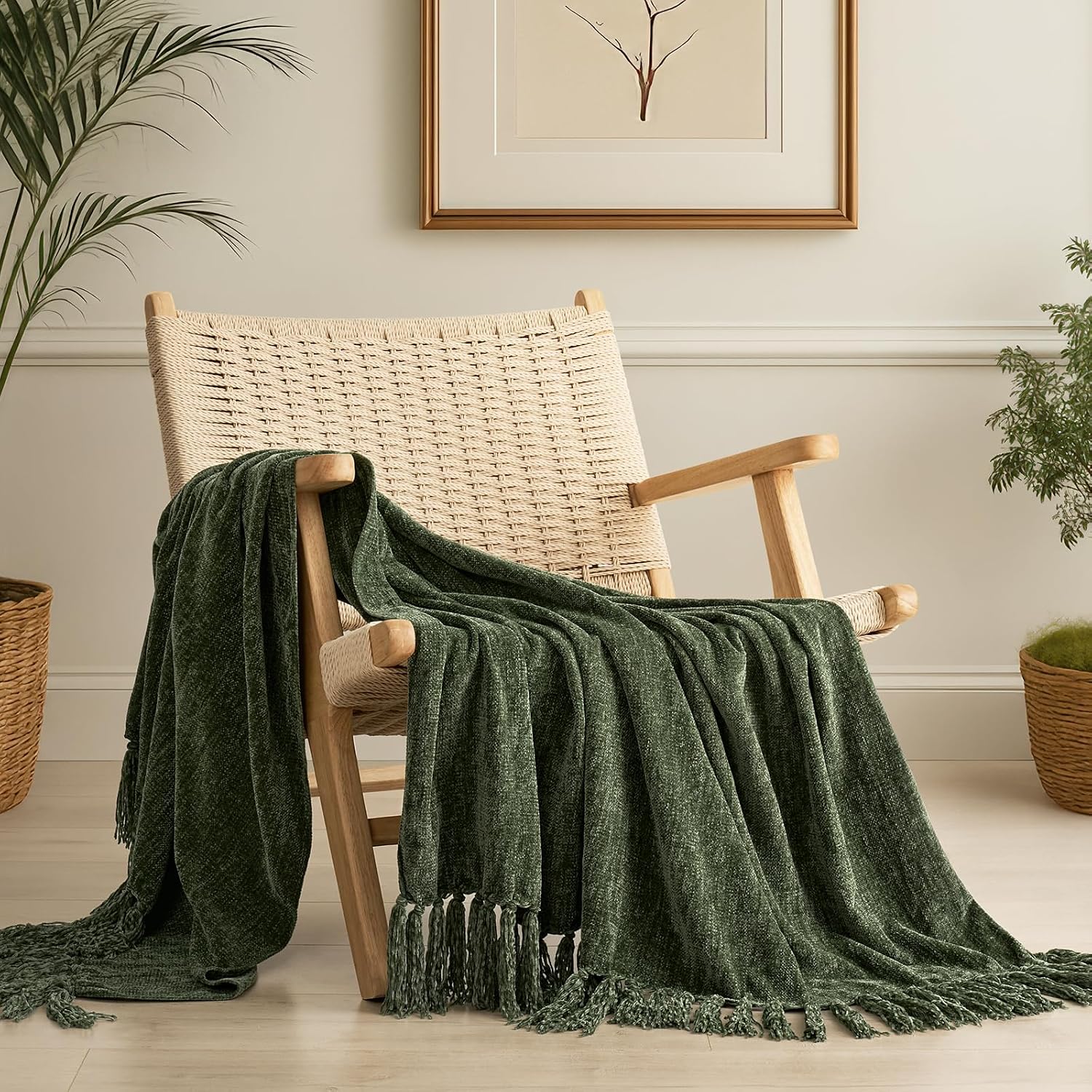 Olive Green Knit Tassel Throw Blanket