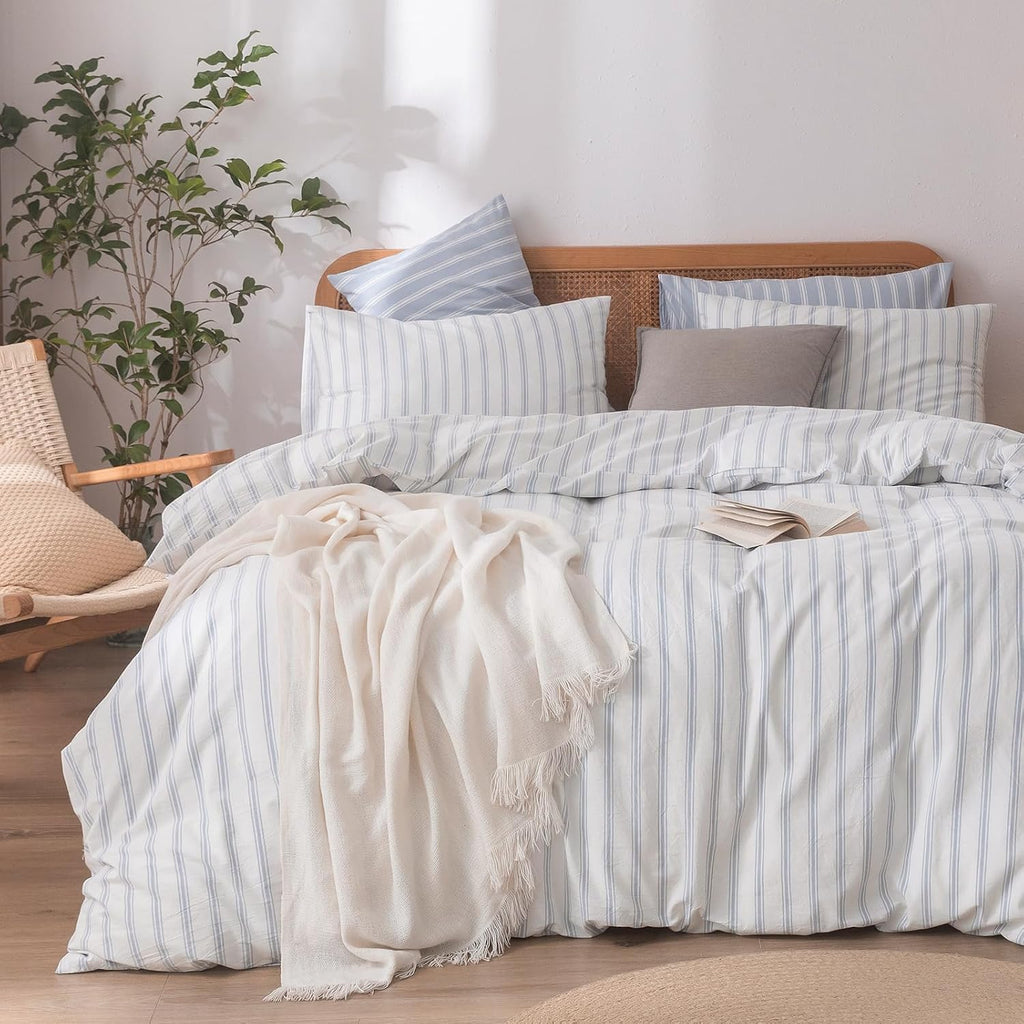 Grey Striped Cotton Duvet Cover Set
