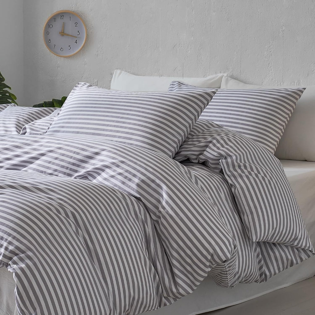Grey Striped Cotton Duvet Cover Set