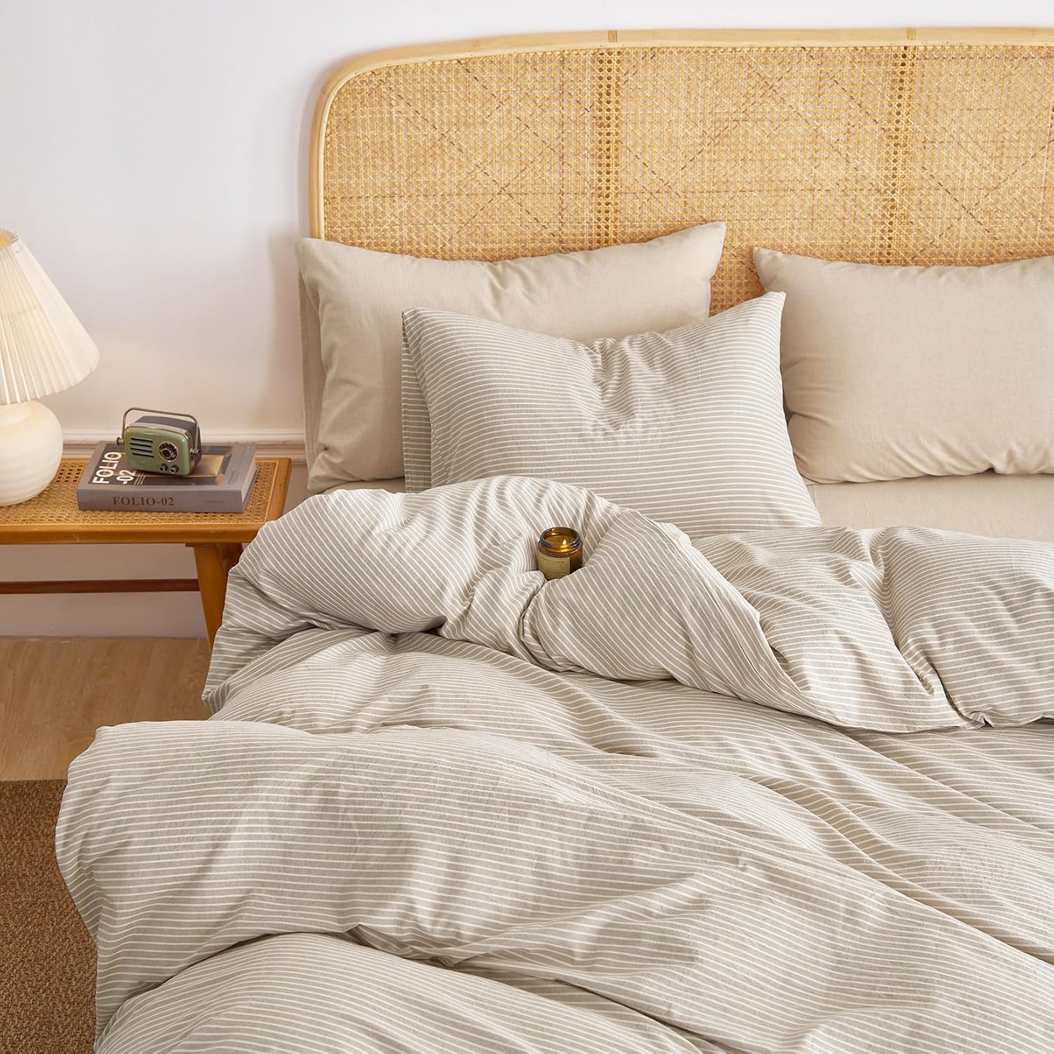 Tan Striped Washed Cotton Duvet Cover Set