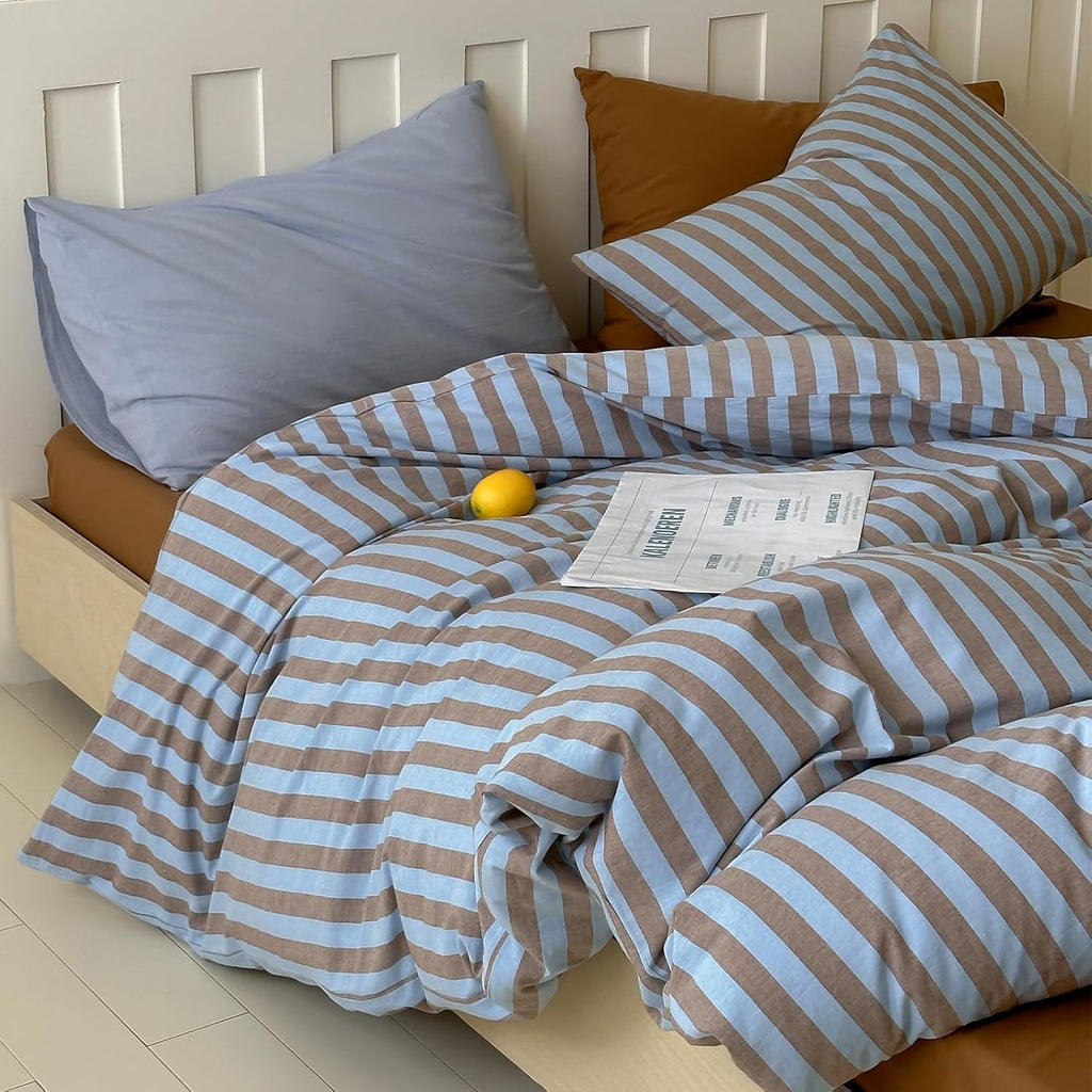 Blue Brown Striped Washed Cotton Duvet Cover Set