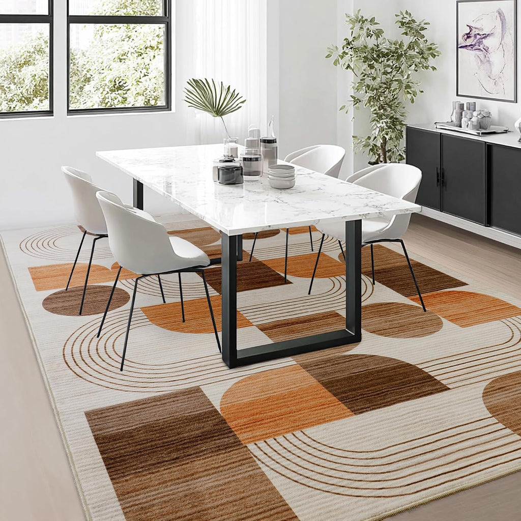 Washable Orange Geometric Area Rug