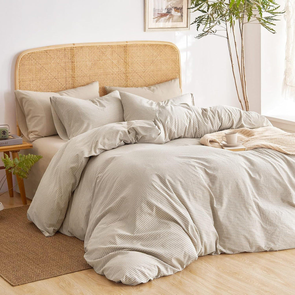 Tan Striped Washed Cotton Duvet Cover Set