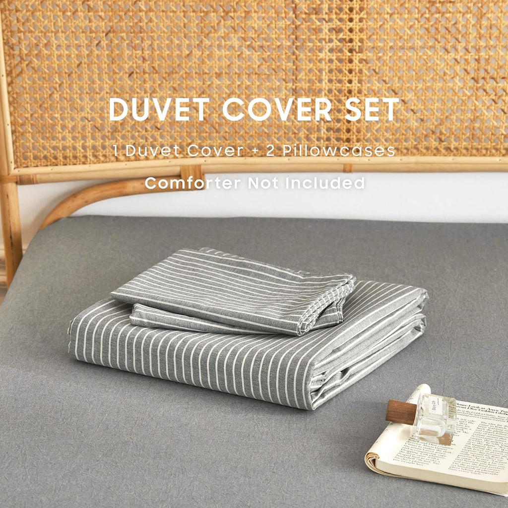 Grey Striped Washed Cotton Duvet Cover Set