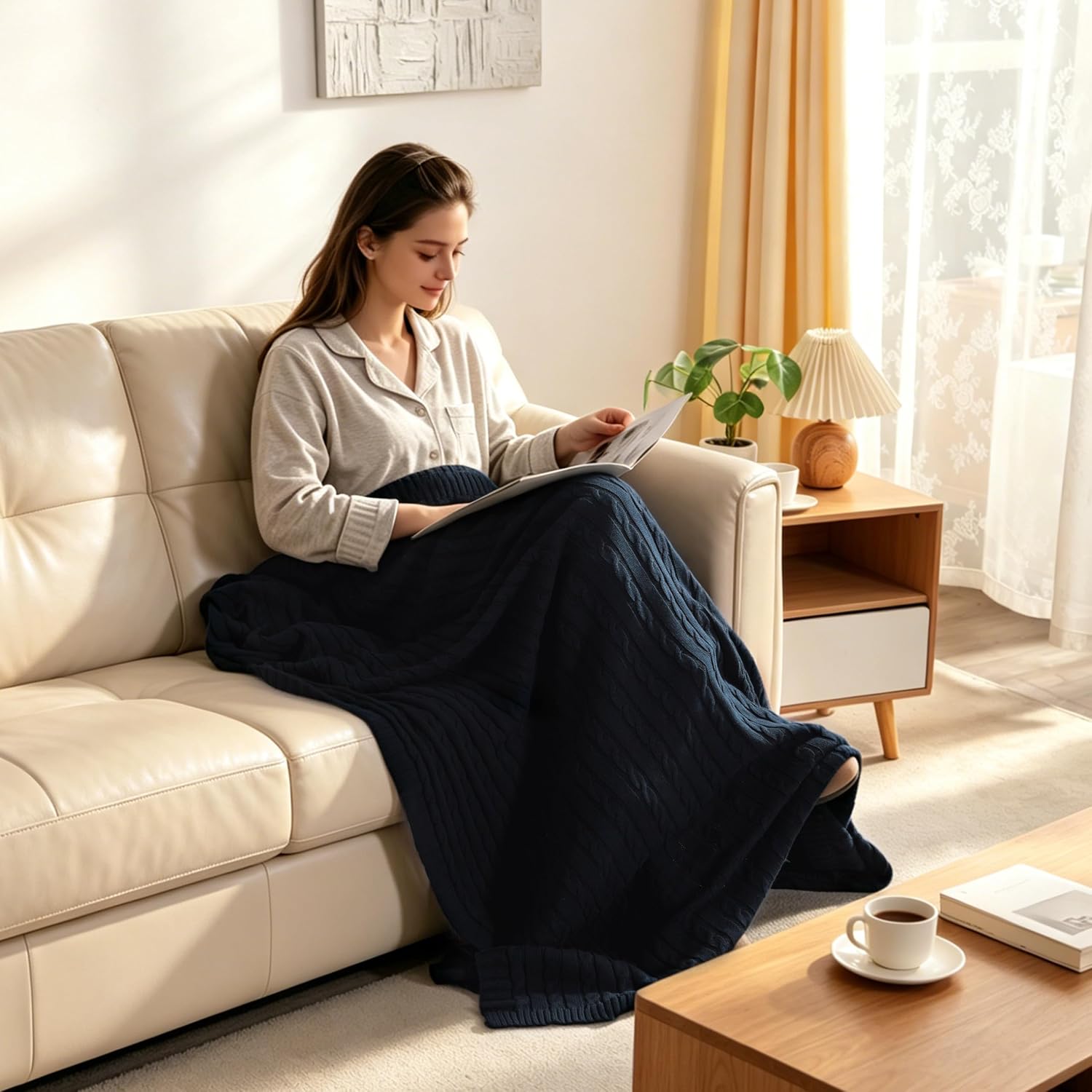 Navy Cable Knit Throw Blanket