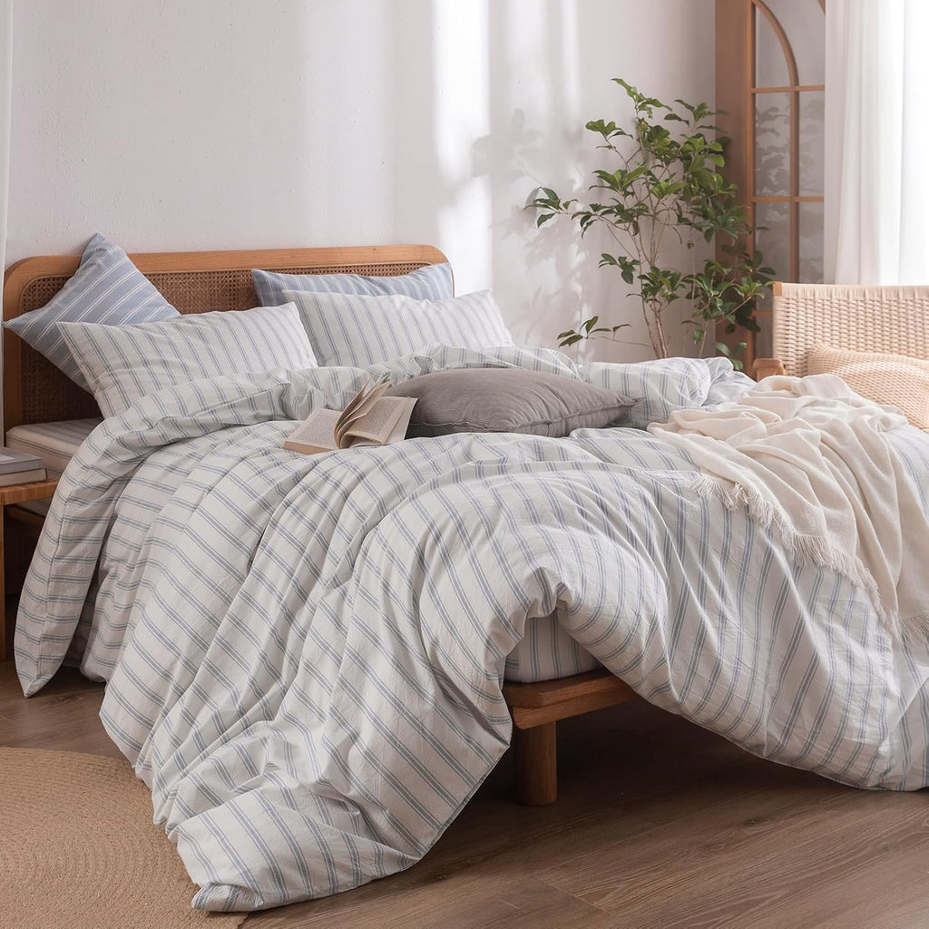 Grey Striped Cotton Duvet Cover Set