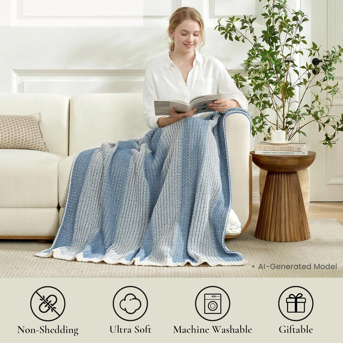 Blue Ivory Knit Throw Blanket