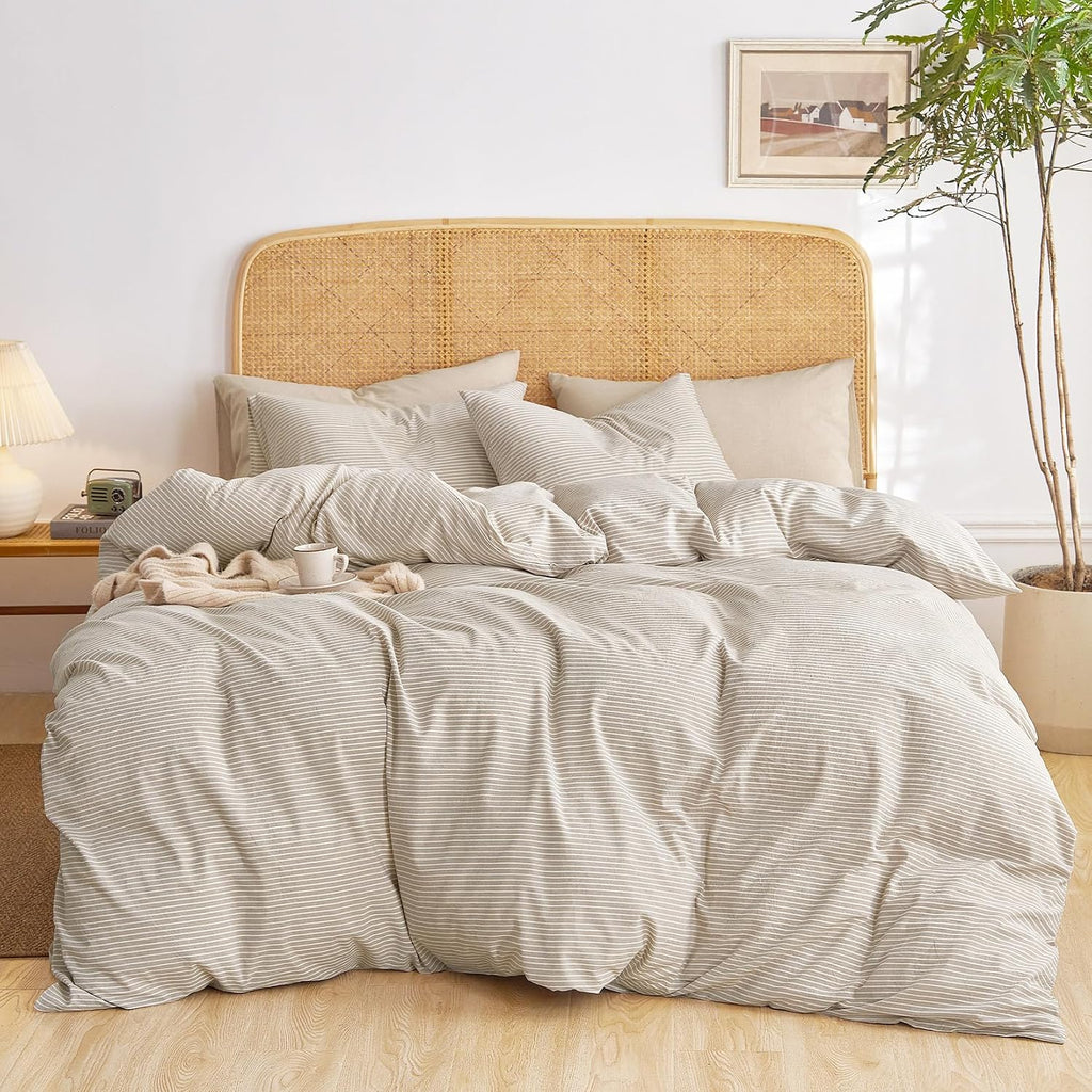 Tan Striped Washed Cotton Duvet Cover Set