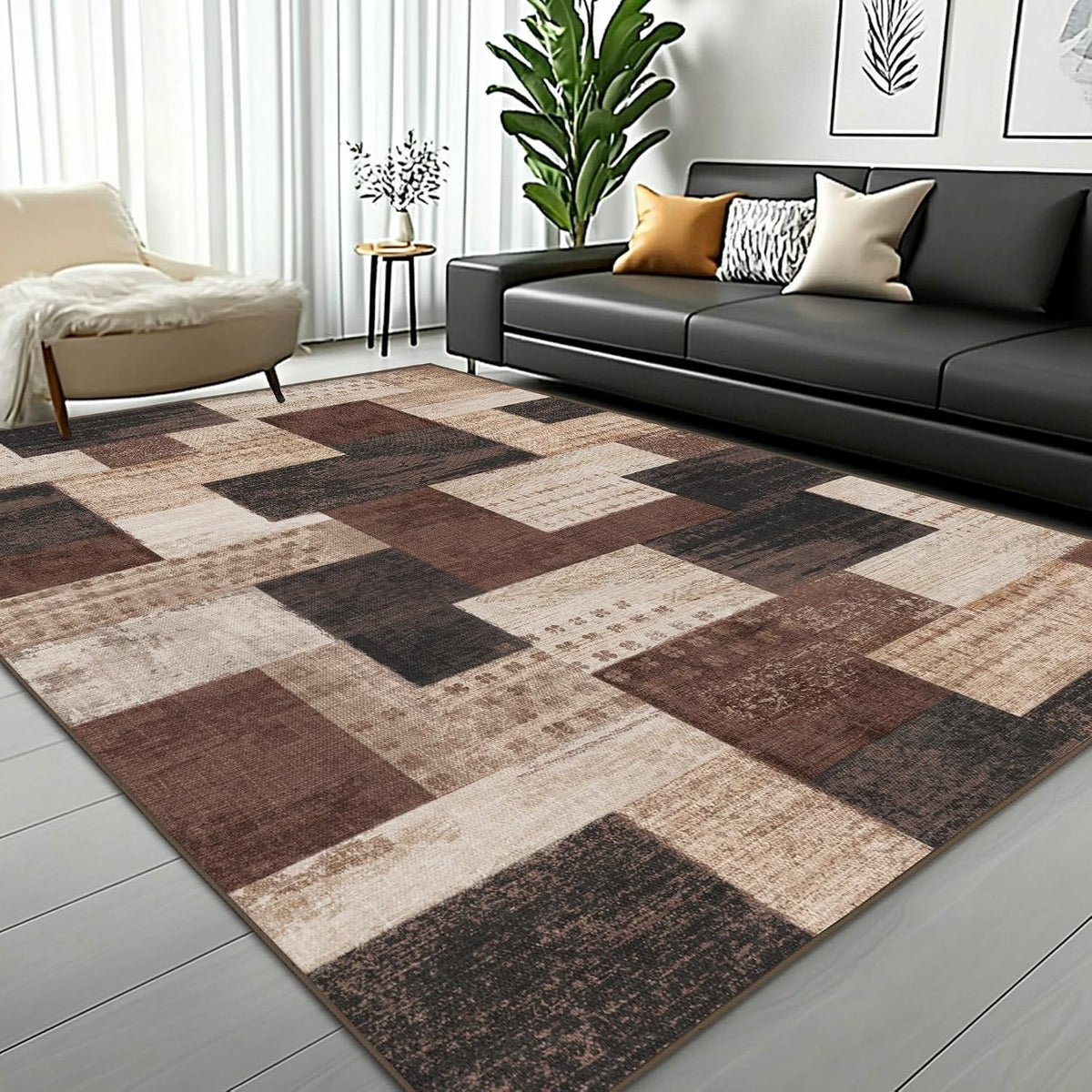 Brown Geometric Patchwork Area Rug