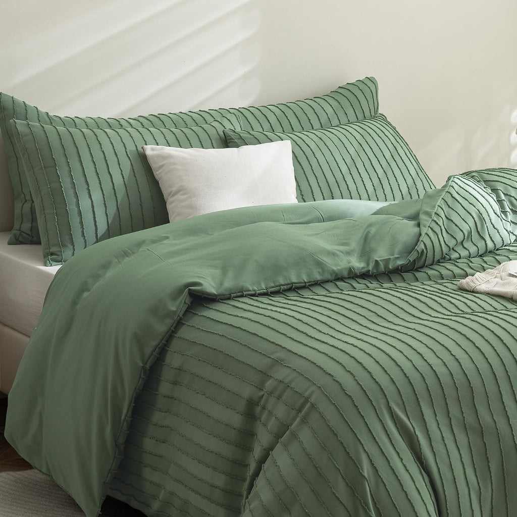 Green Striped Tufted Duvet Cover Set
