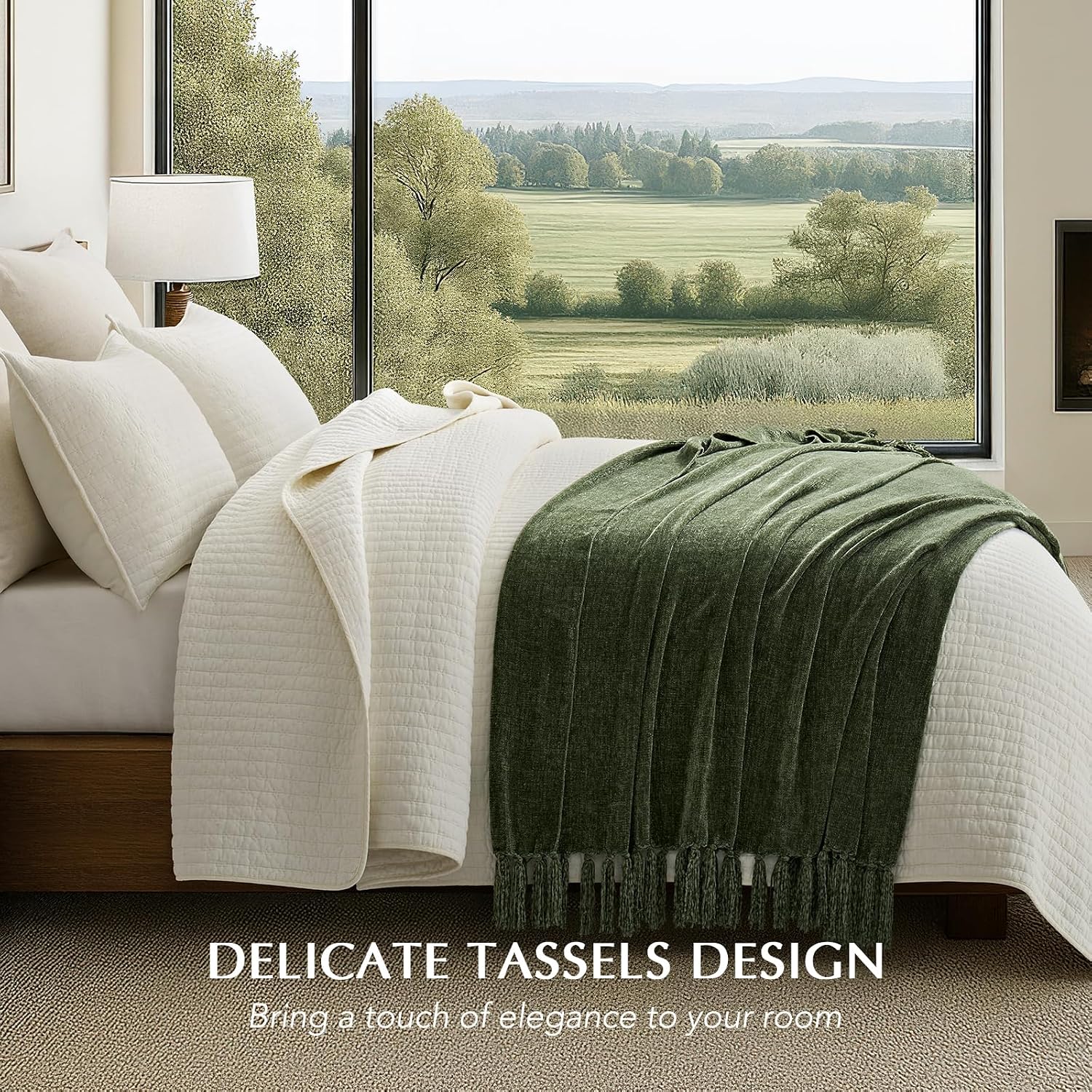 Olive Green Knit Tassel Throw Blanket