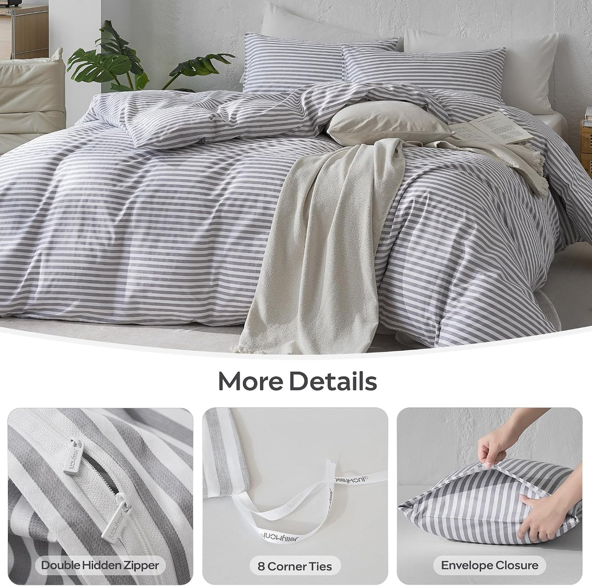 Grey Striped Cotton Duvet Cover Set
