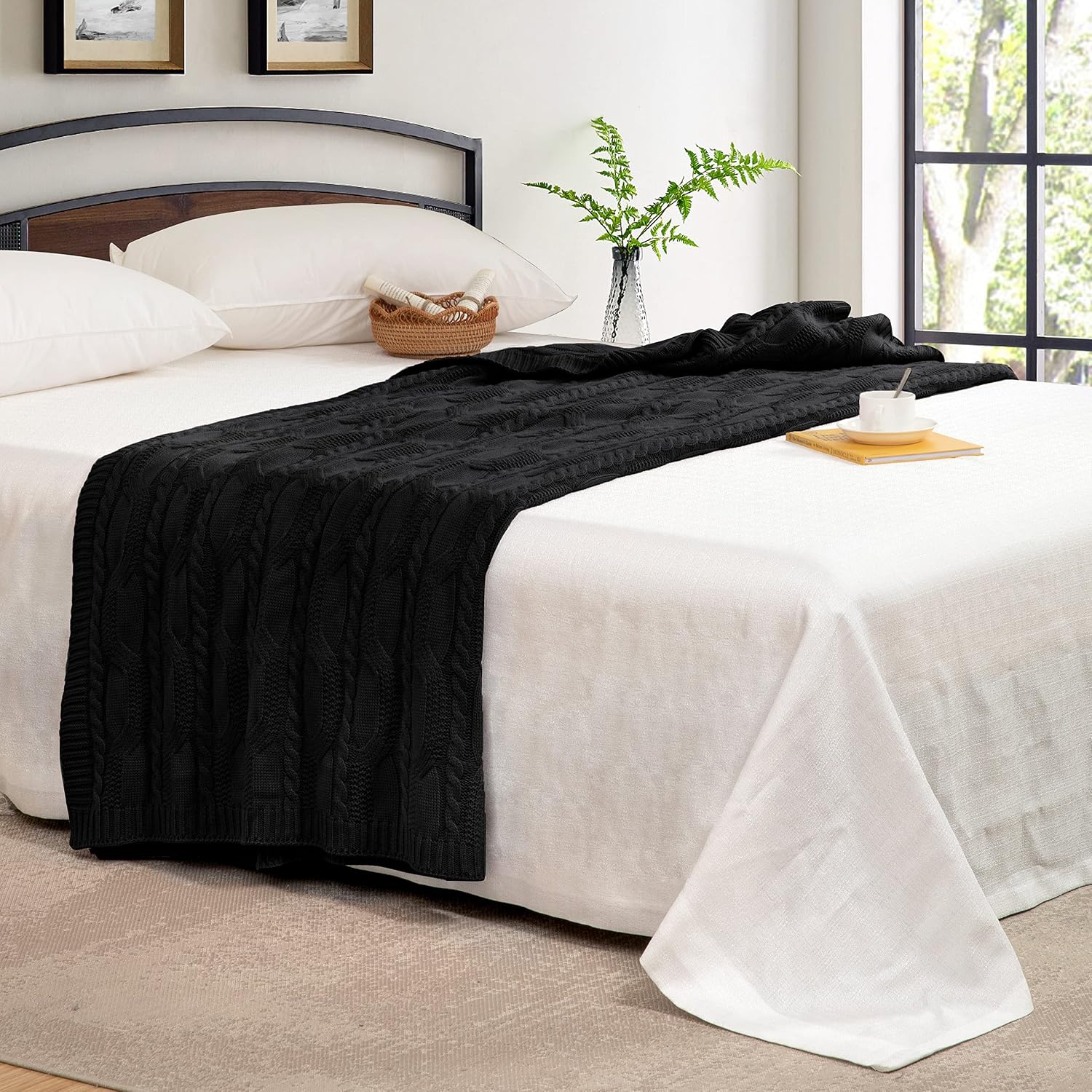 Black Cable Knit Throw Blanket
