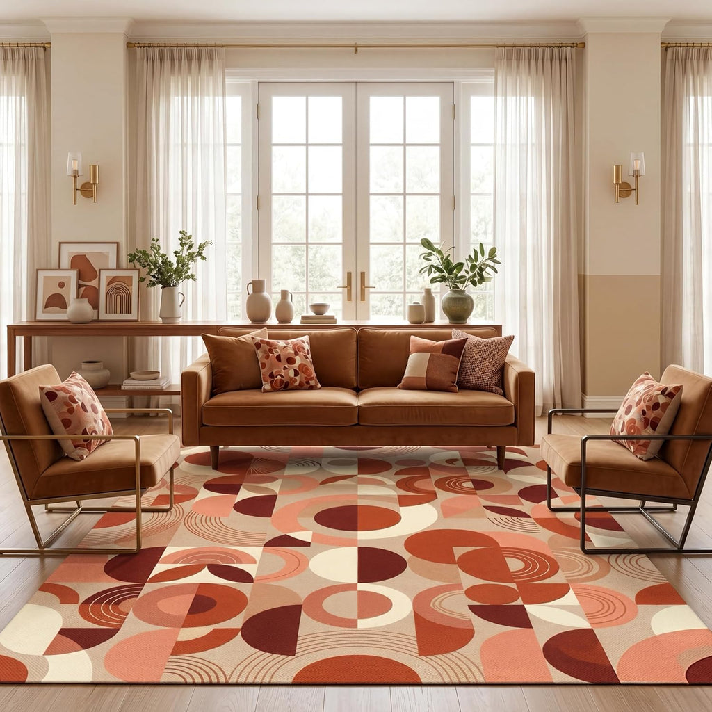 Washable Terracotta Geometric Area Rug