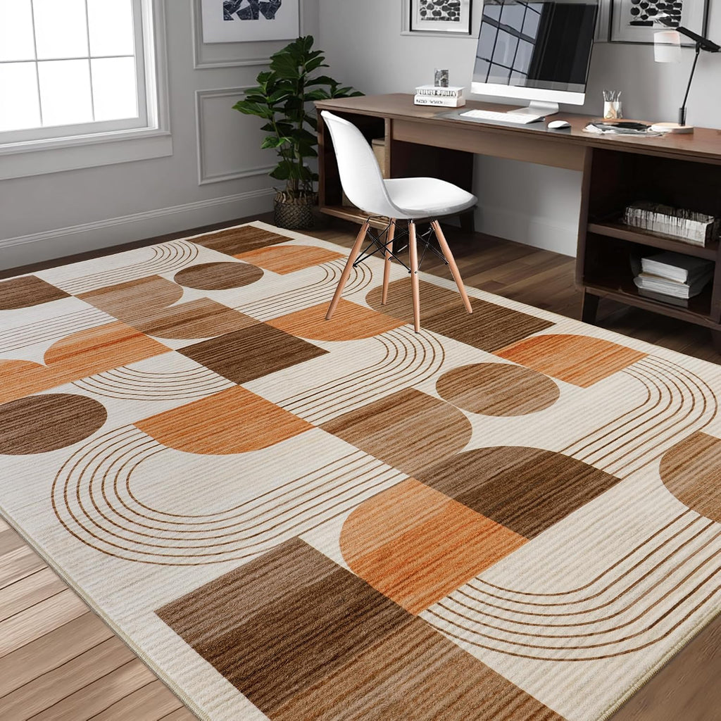 Washable Orange Geometric Area Rug