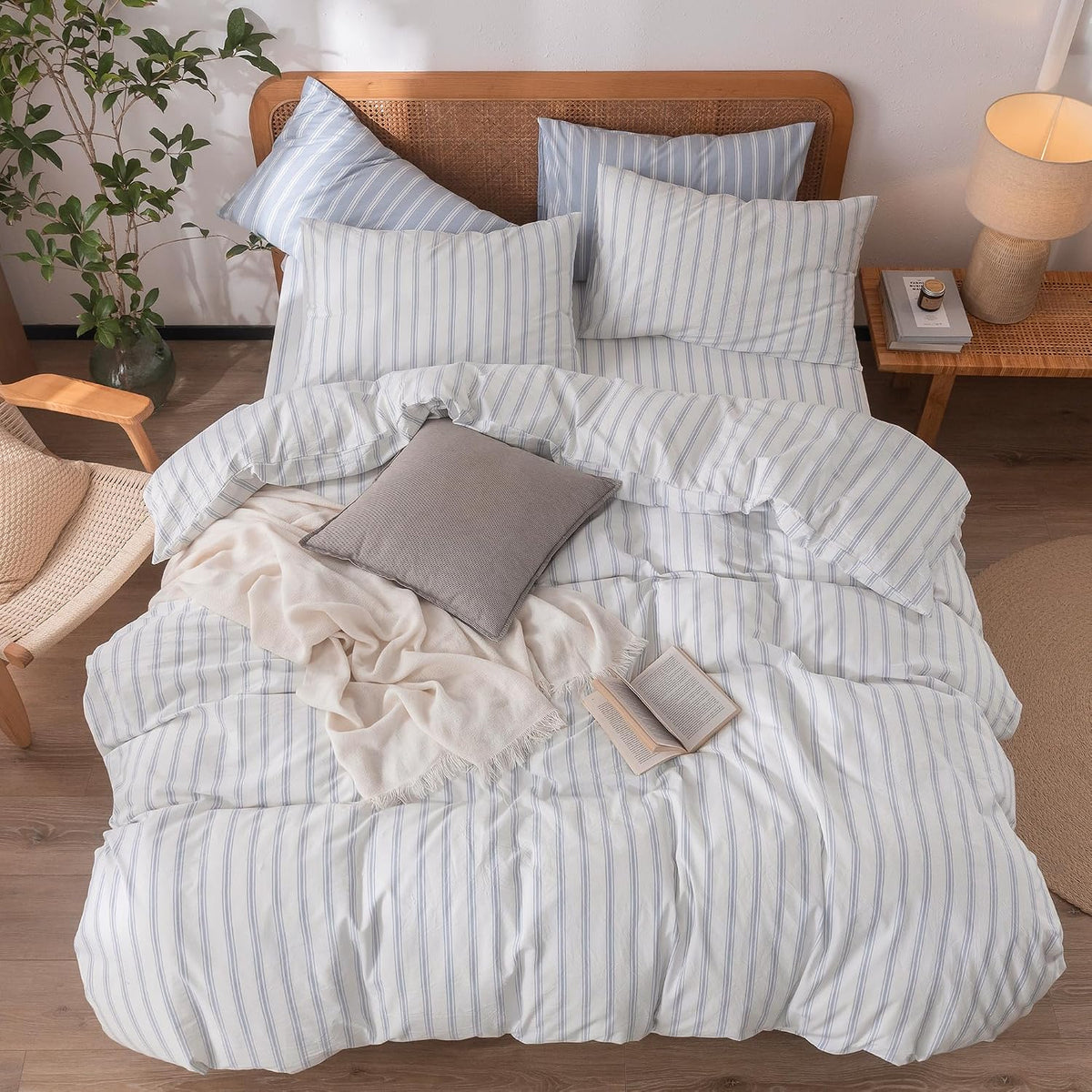 Grey Striped Cotton Duvet Cover Set