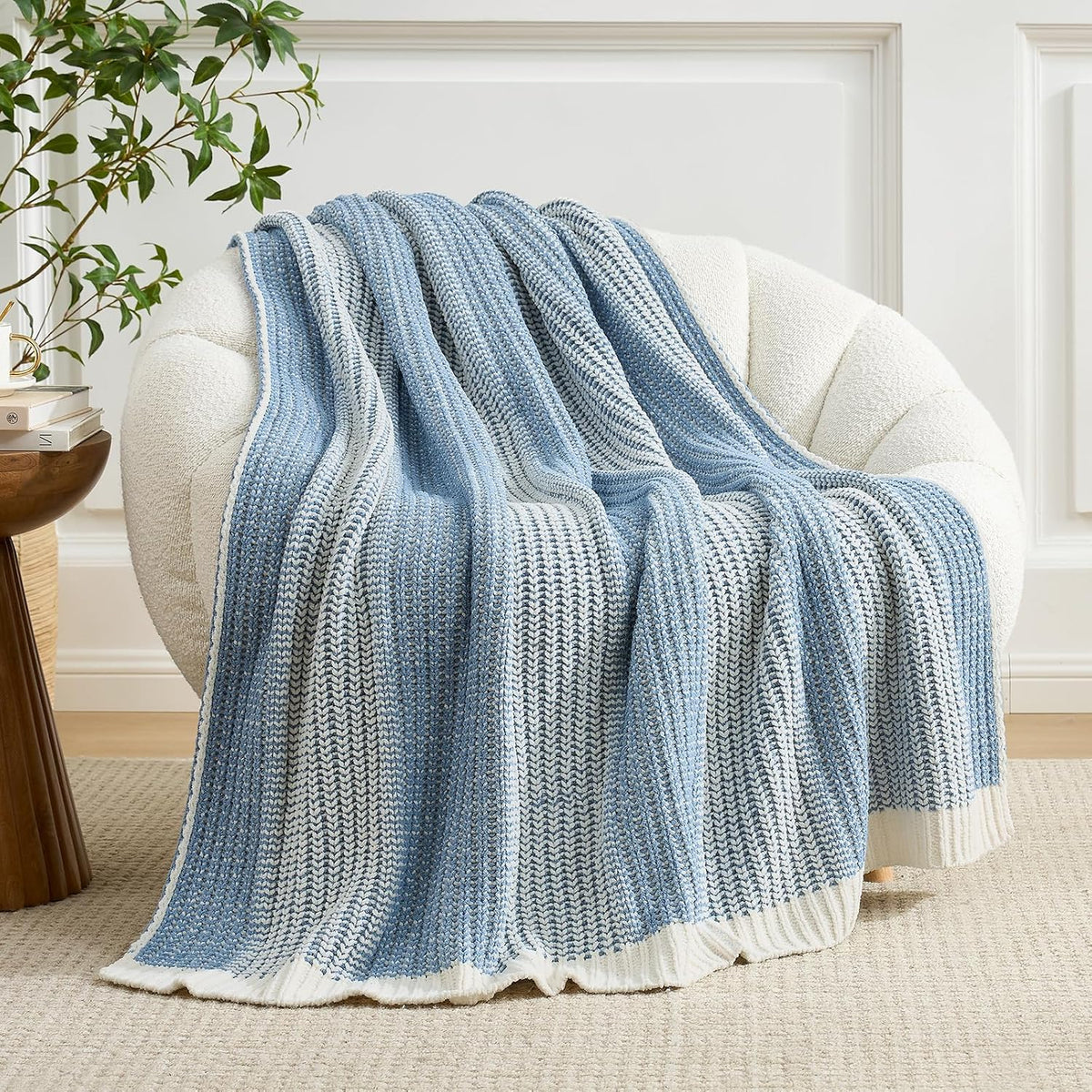 Blue Ivory Knit Throw Blanket