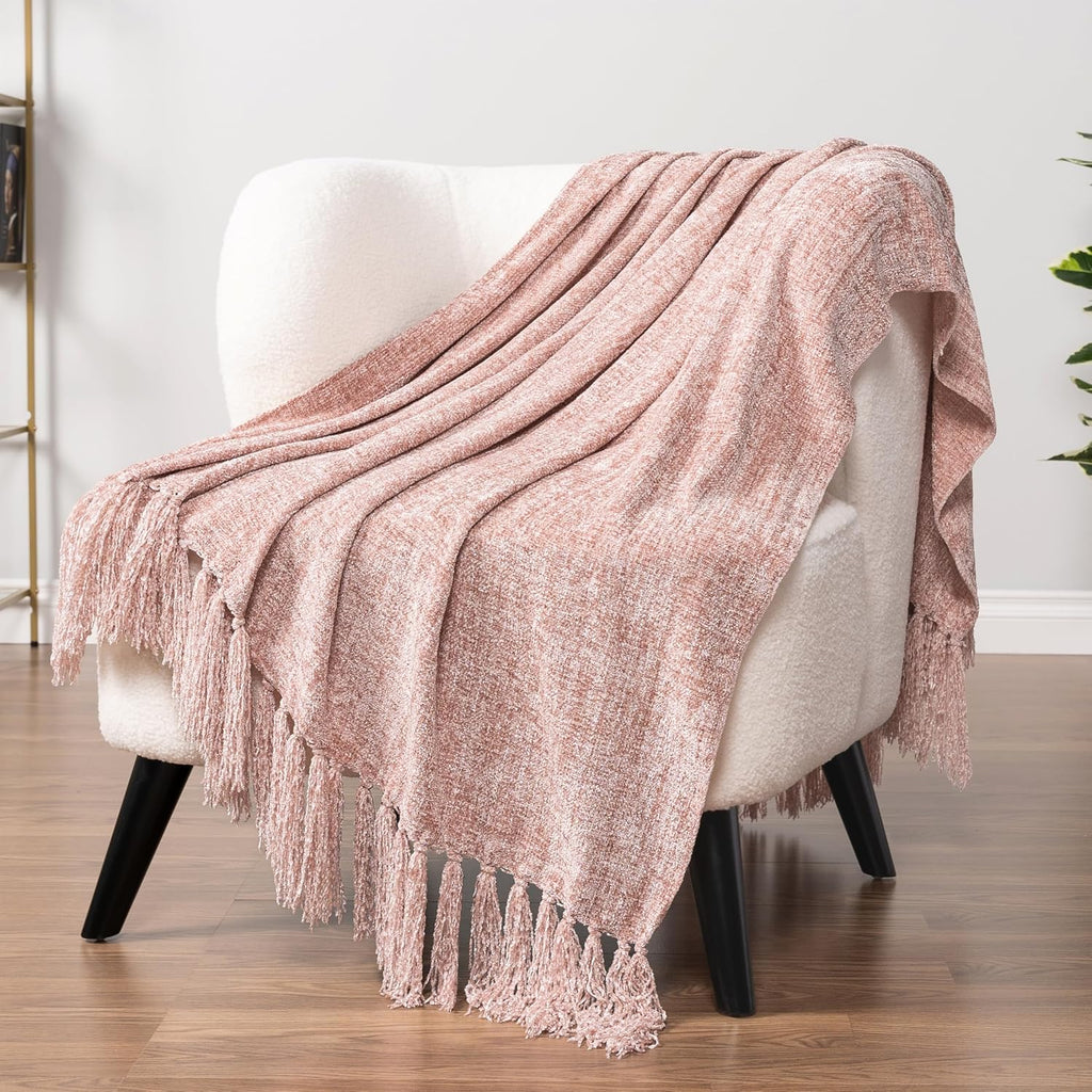 Pink Chenille Tassel Throw Blanket