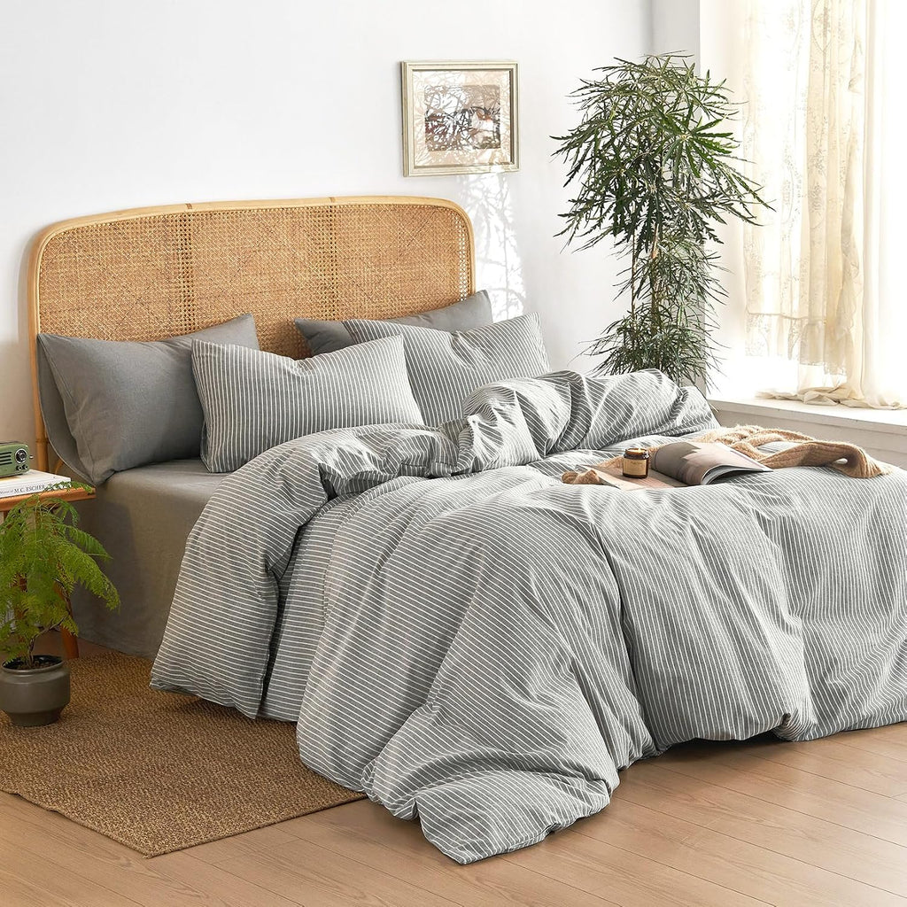 Grey Striped Washed Cotton Duvet Cover Set