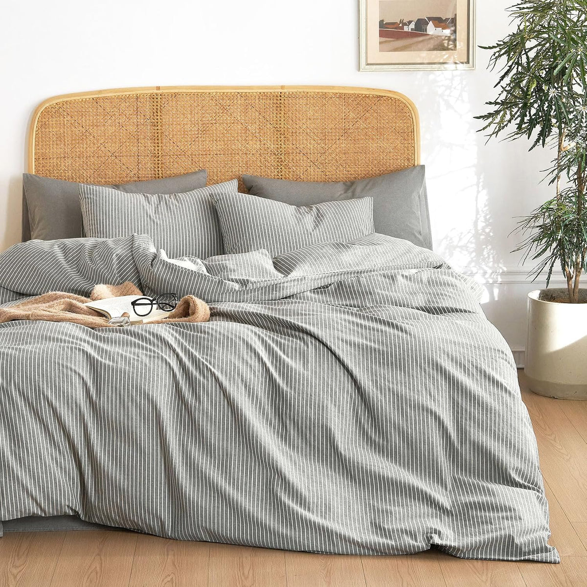 Grey Striped Washed Cotton Duvet Cover Set