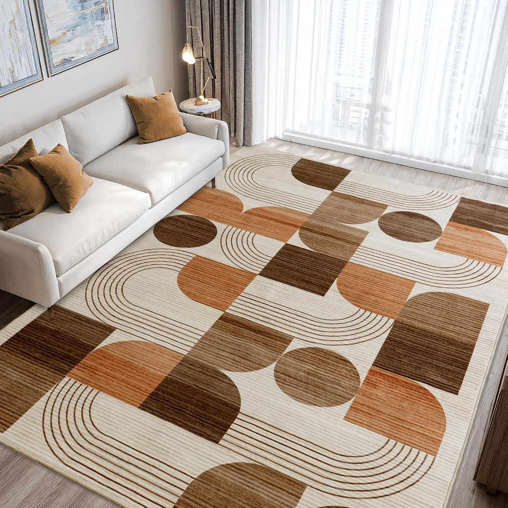 Washable Orange Geometric Area Rug