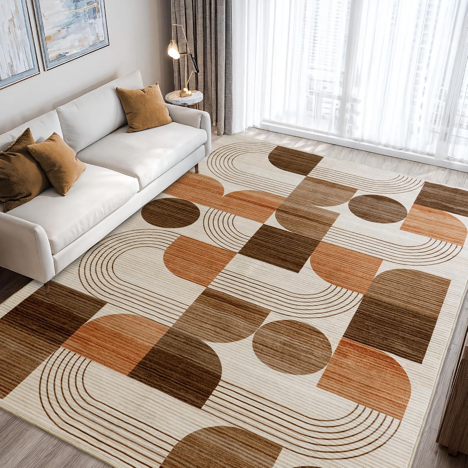 Washable Orange Geometric Area Rug
