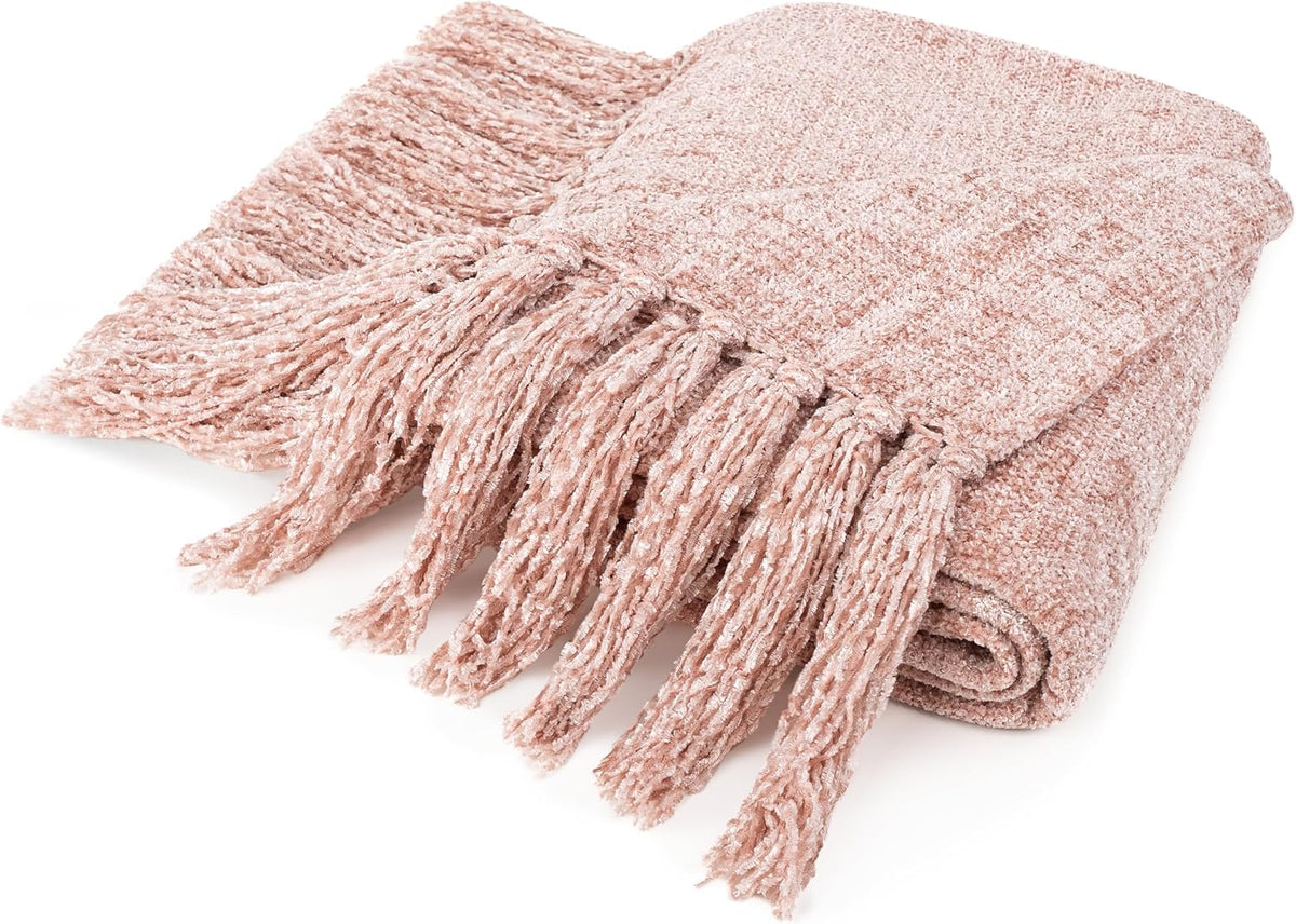 Pink Chenille Tassel Throw Blanket